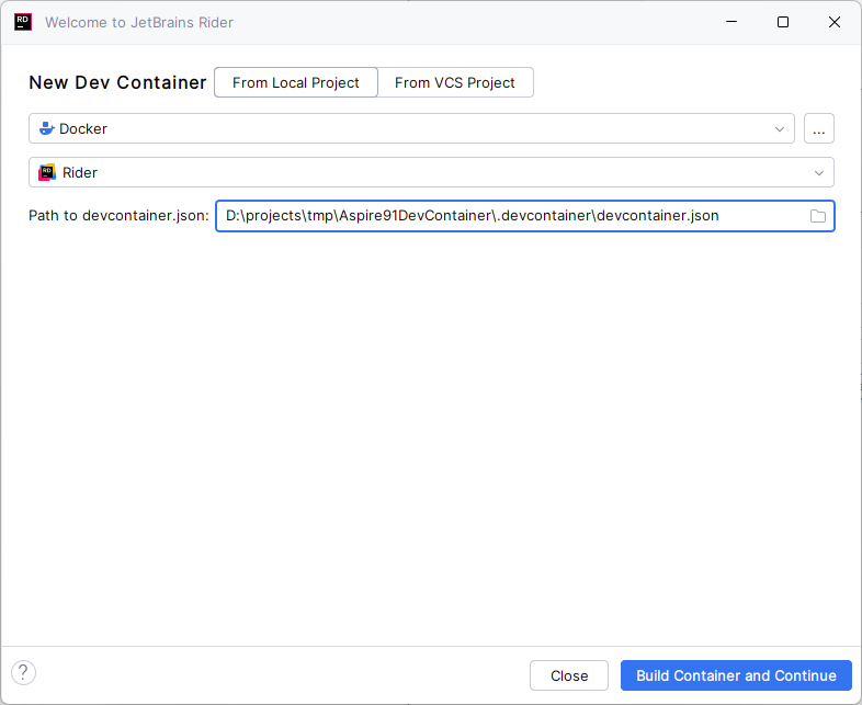 JetBrains Gateway New Dev Container from local project