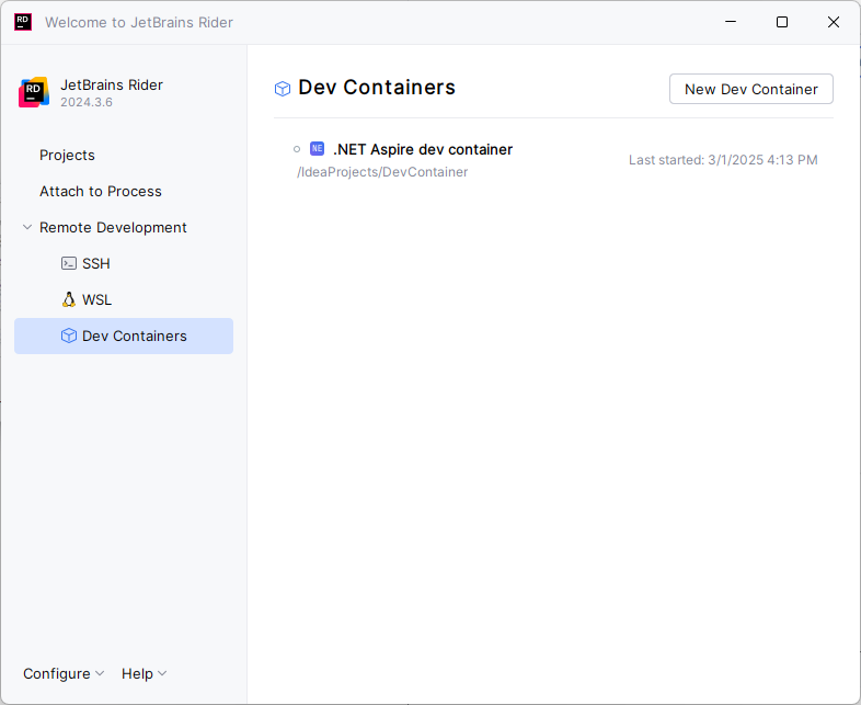 JetBrains Rider New Dev Container