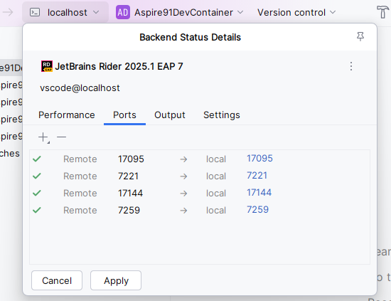 Rider Dev Container Ports