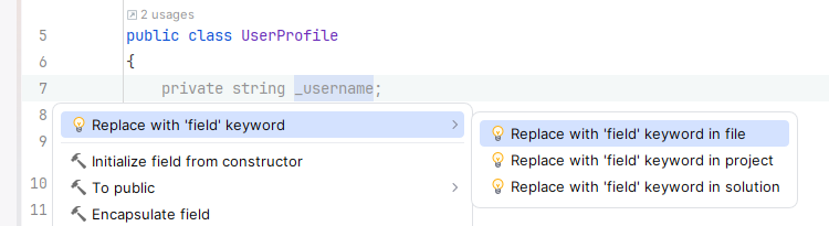 Rider replace with field keyword refactoring