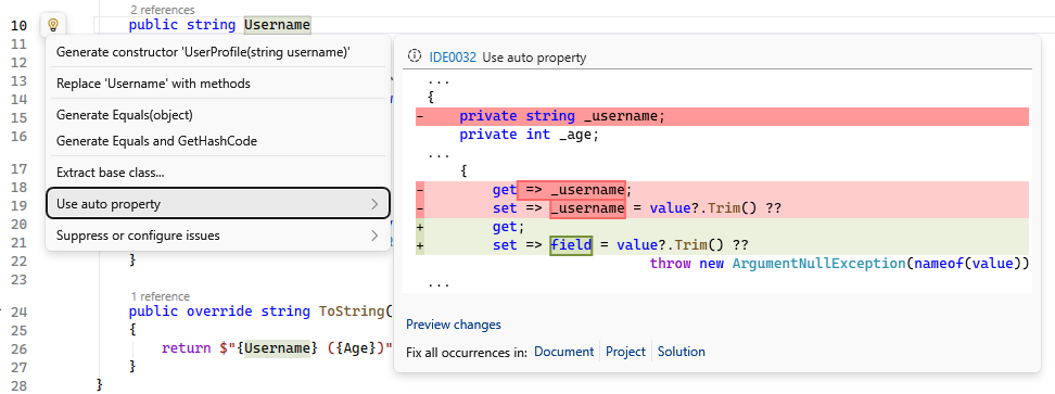 Visual Studio replace with field keyword refactoring