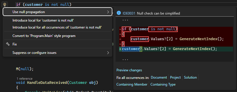 Visual Studio use null propagation refactoring