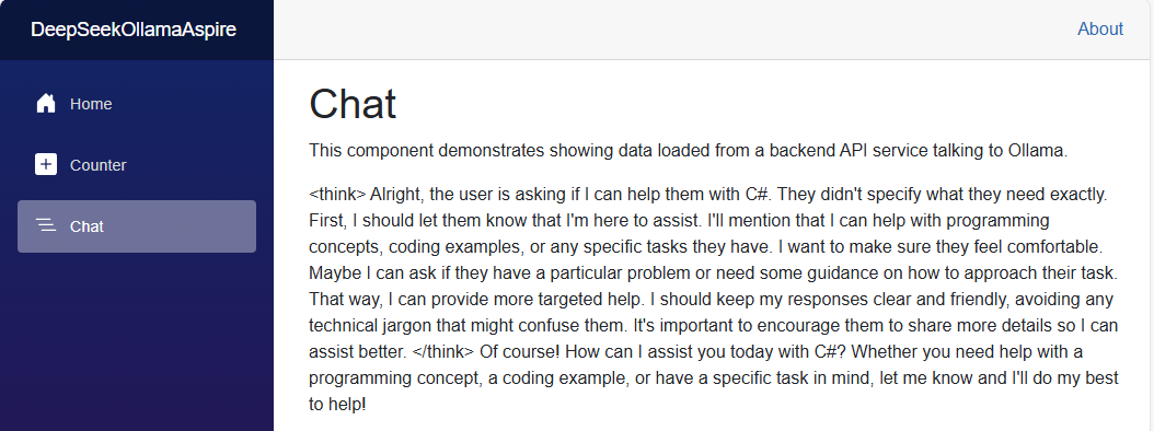 .NET Aspire Ollama DeepSeek-R1 answer